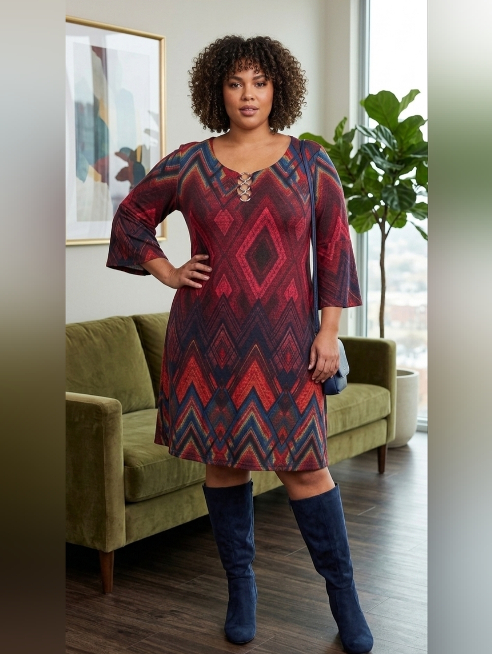Chelsea Taylor Plus Size XXL Red Blue Geometric 70s Bell Sleeve Dress A-Line